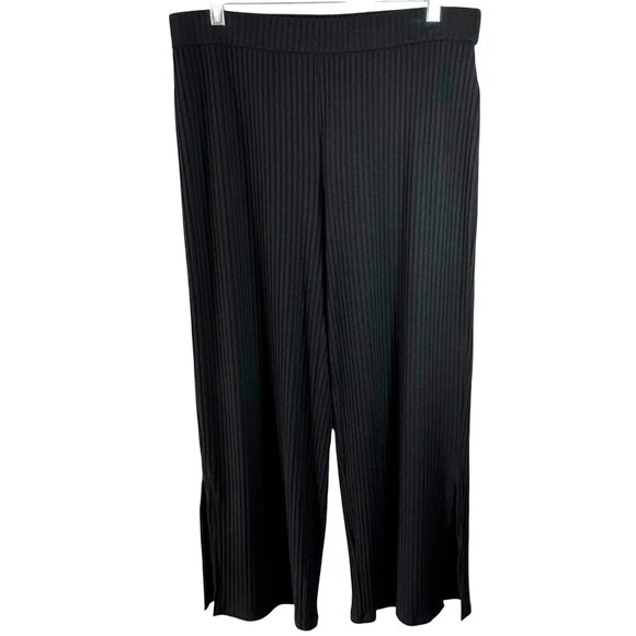 Eileen Fisher Black Ribbed Tencel Stretch Wide Leg Pants Pull-On L - Picture 2 of 6